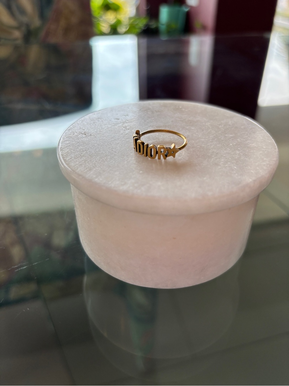 DIOR J’ADORE “J’ADIOR” Antique Gold Logo Statement Ring Size 6.5